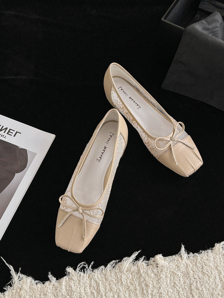 Karin Luna In Stock In Stock  Wrinkled Square Toe Patchwork Breathable Mesh Bow Granny Shoes