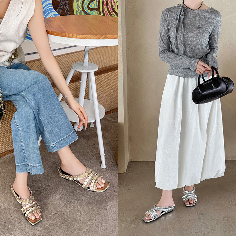 Karin Luna In Stock   Spot Goods  Niche Design Square-Toed Pleated Flat Slippers