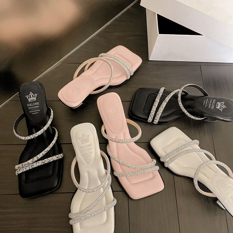 Karin Luna In Stock Spot Goods  Minimalist Versatile Square Toe Rhinestone Strap Open-Toe Sandals