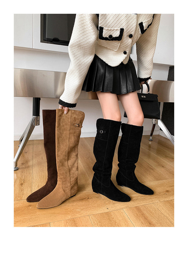 Karin Luna In Stock Spot Goods Vintage Cowhide Leather Two-Way Wear Pointed Toe Height-Increasing Long Boots