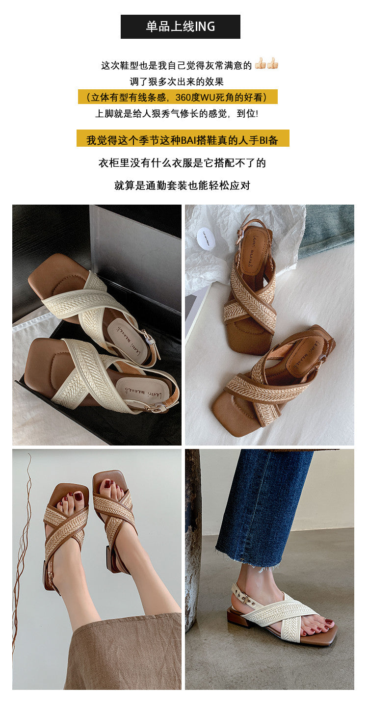 Karin Luna In Stock  Spot Goods Woven Style  Cross-strap Vacation Style Flat Sandals