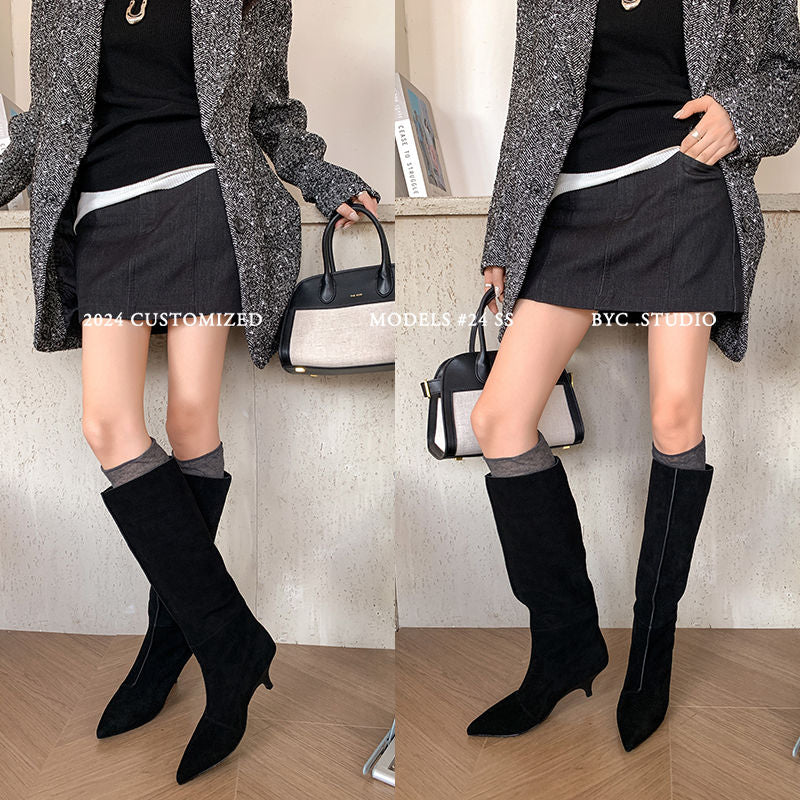 Karin Luna In Stock Spot Goods Retro Cowhide Pointed Toe Stiletto Elegant Long Boots