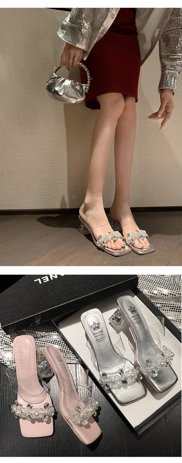 Karin Luna In Stock Spot Goods  Always in stock Square Toe Sweet Rhinestone Crystal Heel Slippers
