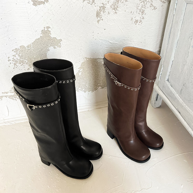 Karin Luna In Stock Spot Goods Belt Buckle Color-Washed Casual Thick-Soled Bootcut Pants Boots