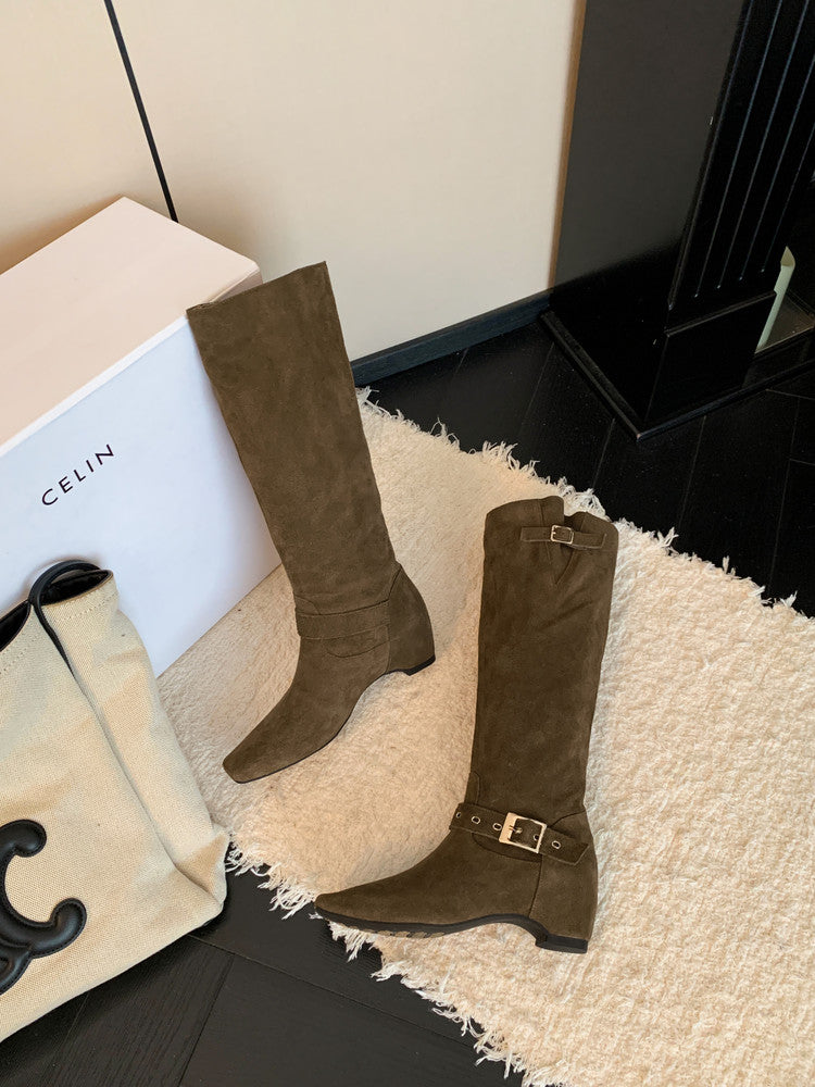 Karin Luna Data Model Belt Buckle Matte Square Toe Hidden Wedge Slouch Western Boots