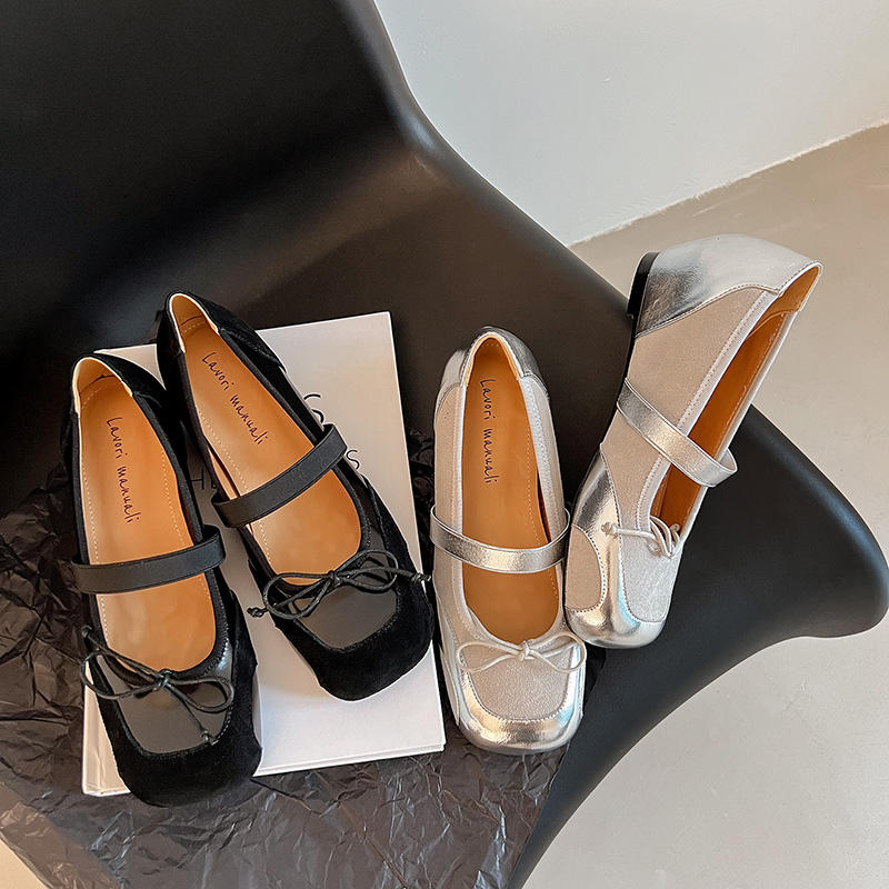Karin Luna In Stock Spot Goods    Color Block Cowhide Leather Square Toe Slip-On Height Increasing Bowknot Flats