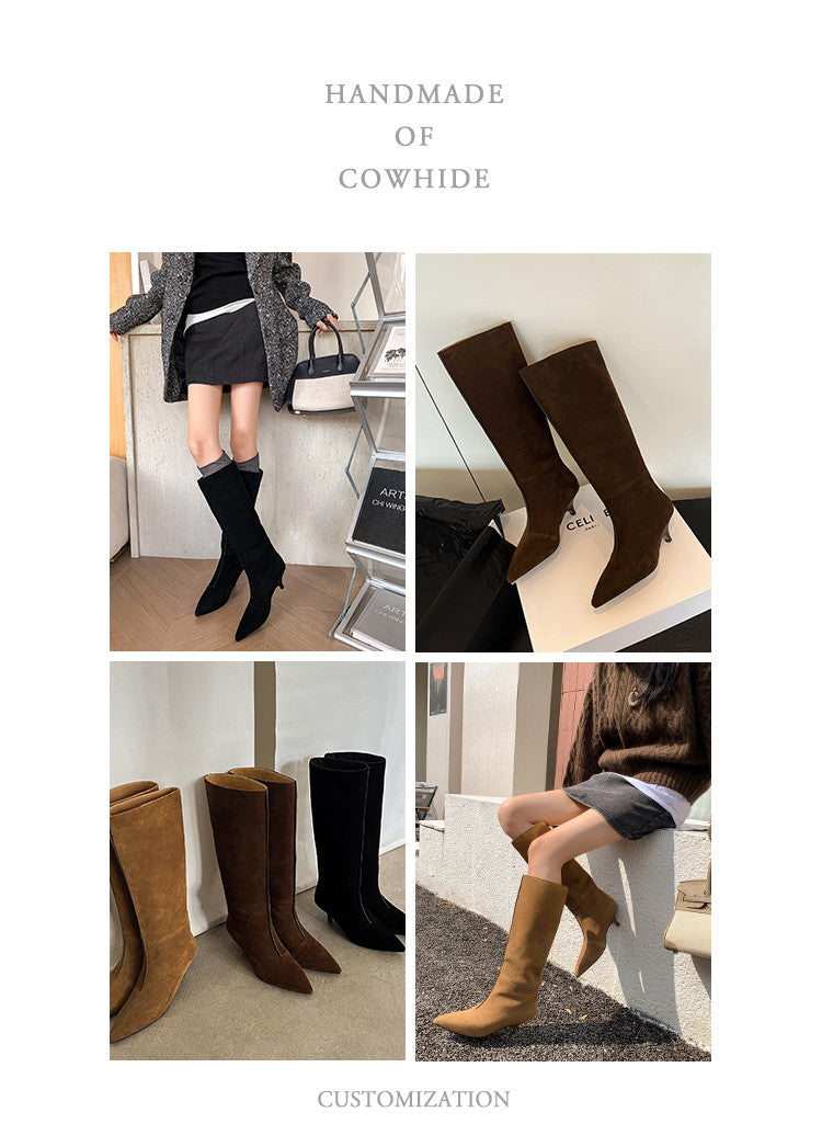 Karin Luna In Stock Spot Goods Retro Cowhide Pointed Toe Stiletto Elegant Long Boots