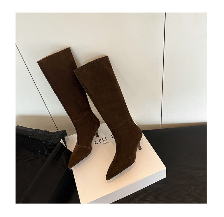Karin Luna In Stock Spot Goods Retro Cowhide Pointed Toe Stiletto Elegant Long Boots