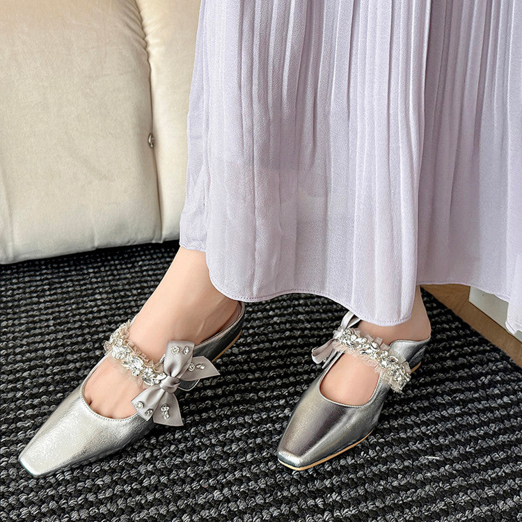 Karin Luna Handmade One-Strap Rhinestone Ribbon Square-Toe Mules