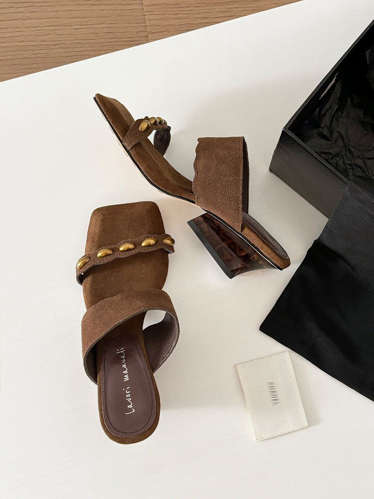 Karin Luna Hot-Selling Element Amber Heel~Spot Goods Spot Goods  Vacation Style One-Strap Amber Irregular Heel Slippers