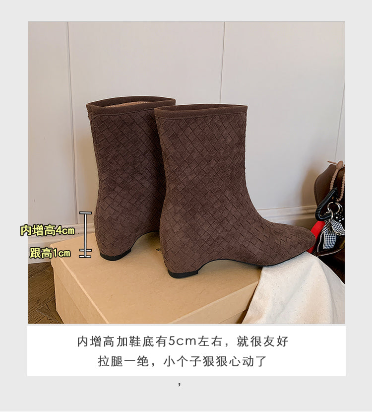 Karin Luna Handmade Woven Fabric Small Square Toe Hidden Heel Short Boots