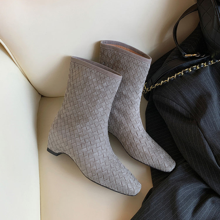 Karin Luna Handmade Woven Fabric Small Square Toe Hidden Heel Short Boots