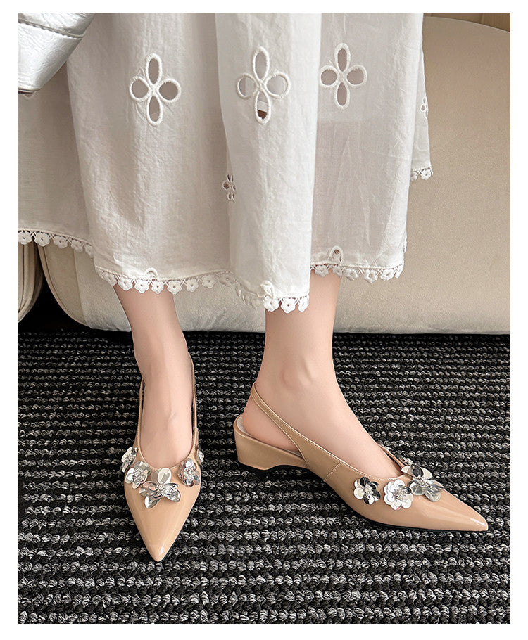 Karin Luna In Stock In Stock  Sequin Floral Pointed Toe Chunky Heel Closed-Toe Sandals