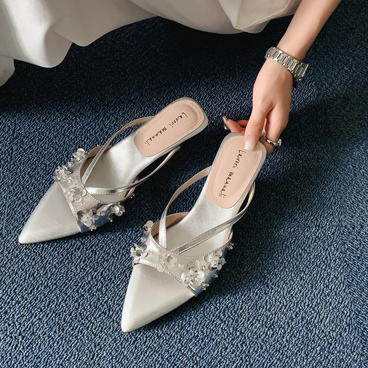 Karin Luna Bestseller Sequin Elements Elegant Pointed Toe Irregular Heel Slippers