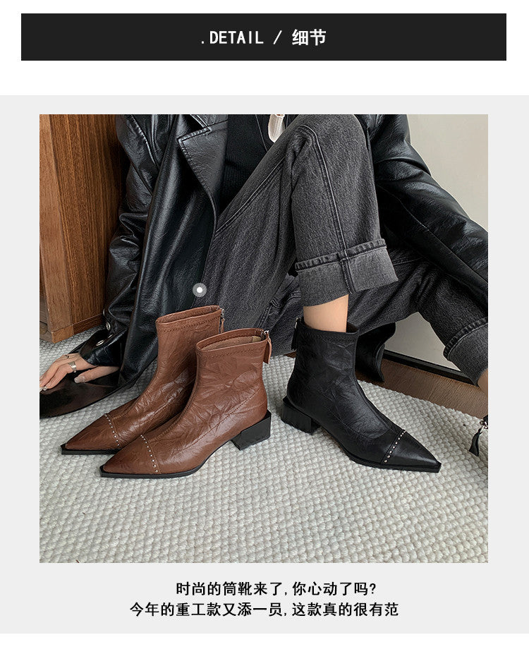 Karin Luna In Stock In Stock Slim Boots Series~Pointed Toe Rivet Slim Short Boots