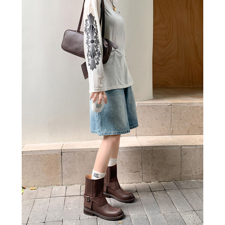 Karin Luna Belt Buckle Chunky Heel Fashion Short Boots