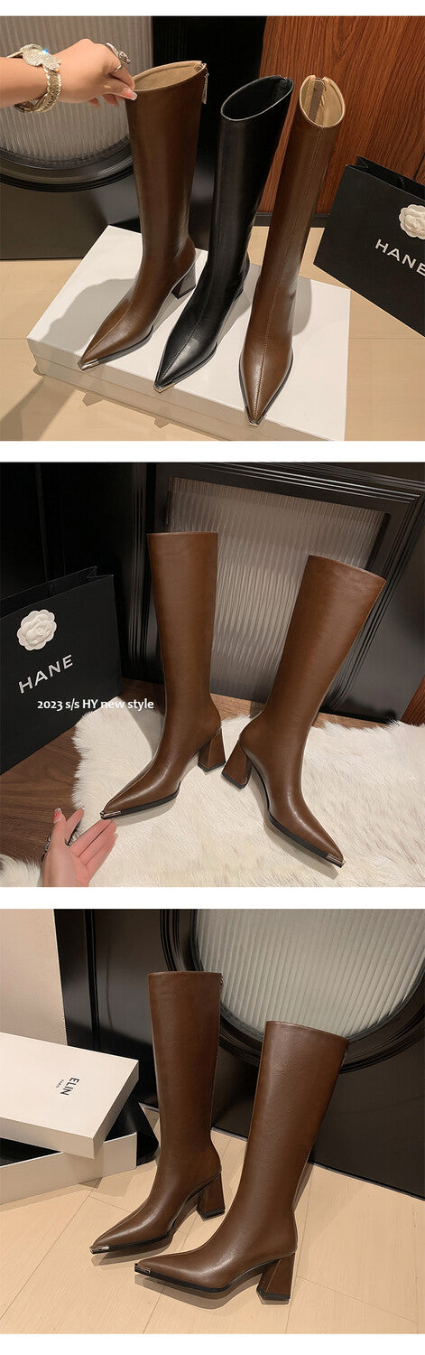 Karin Luna In Stock  In Stock Elegant Metal Pointed Toe Chunky Heel Full Cowhide Leather Riding Boots