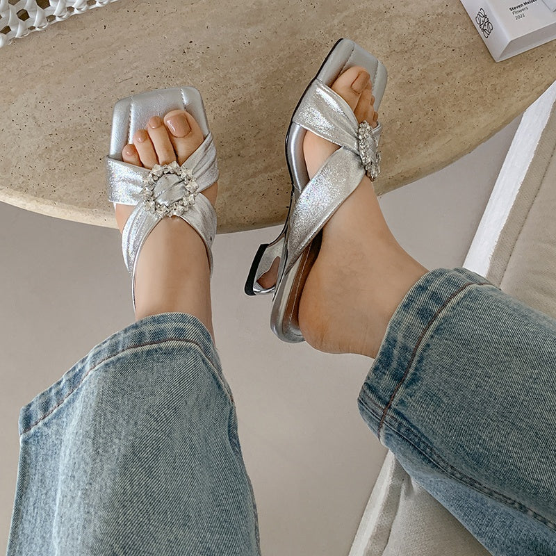 Karin Luna In Stock In Stock Elegant Square-Toe Cross-Strap Rhinestone Square-Toe Slippers