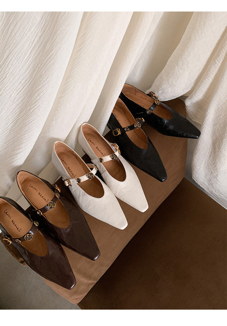 Karin Luna In Stock Spot Goods    Retro Classic Metal Camellia Irregular Heel Single Shoes