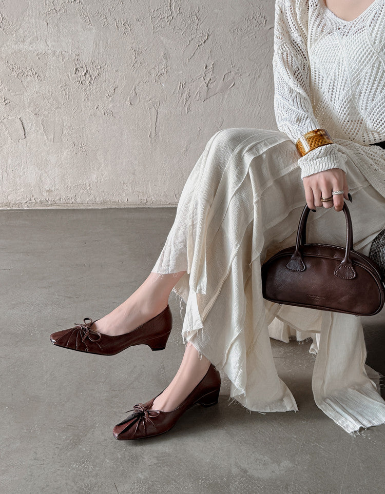 Karin Luna French Style Wrinkled Square Toe Height-Increasing Flats