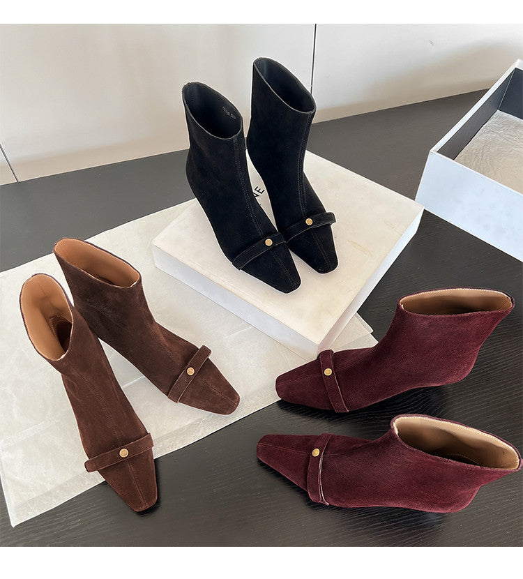 Karin Luna Elegant Style Small Square Toe Belt Buckle Thin Heel Short Boots