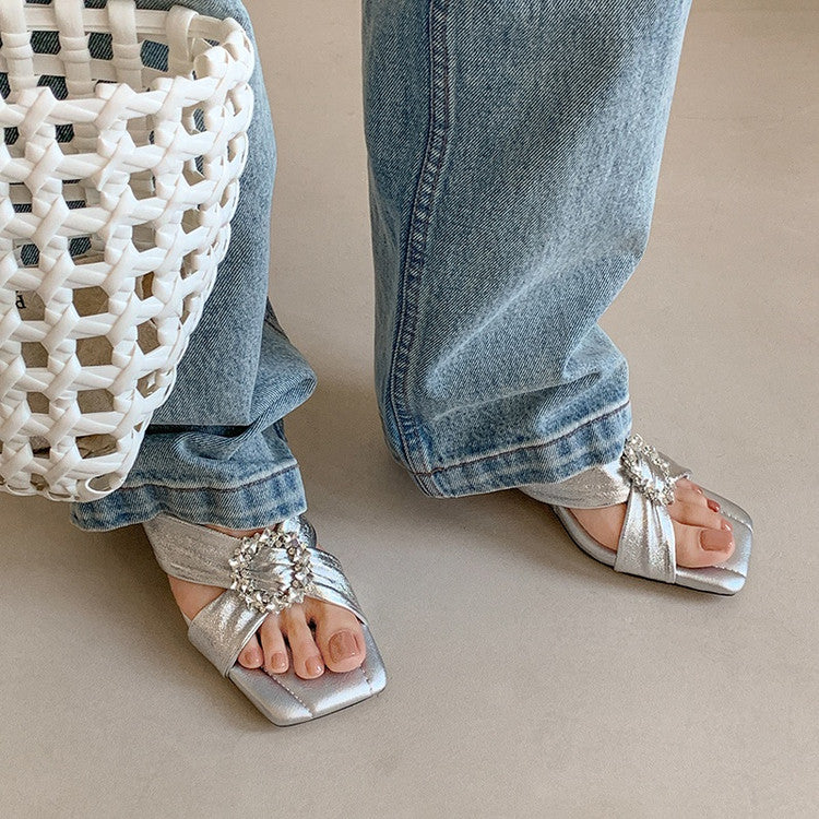 Karin Luna In Stock In Stock Elegant Square-Toe Cross-Strap Rhinestone Square-Toe Slippers