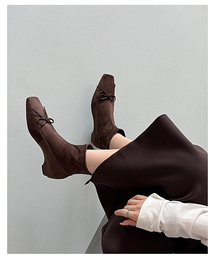 Karin Luna French Style Square Toe Bowknot Hidden Wedge Slim Boots