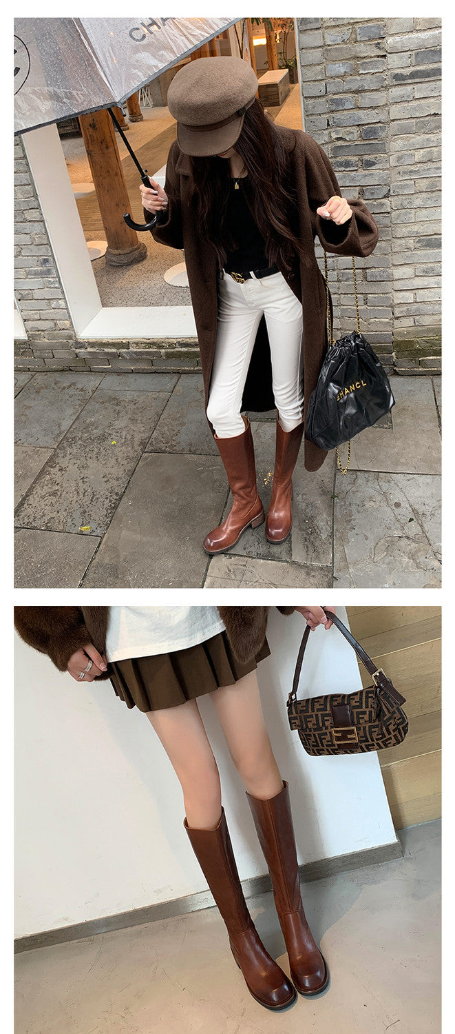 Karin Luna Basic Versatile Style Round Toe Chunky Heel Long Boots
