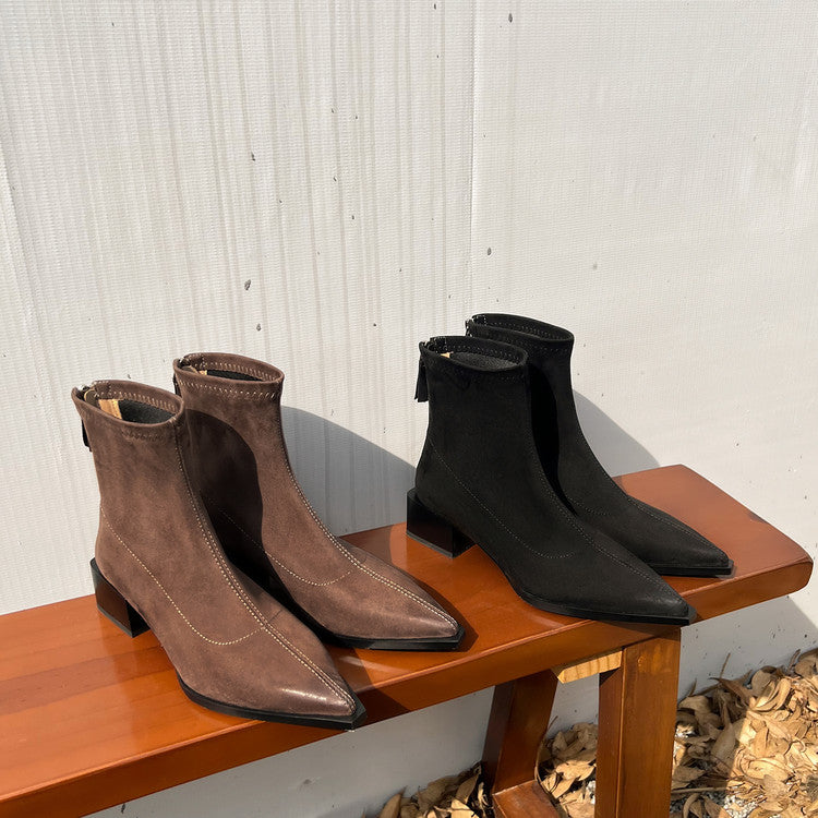 Karin Luna In Stock In Stock Elastic Slim Pointed Toe Chunky Heel Basic Ankle Boots