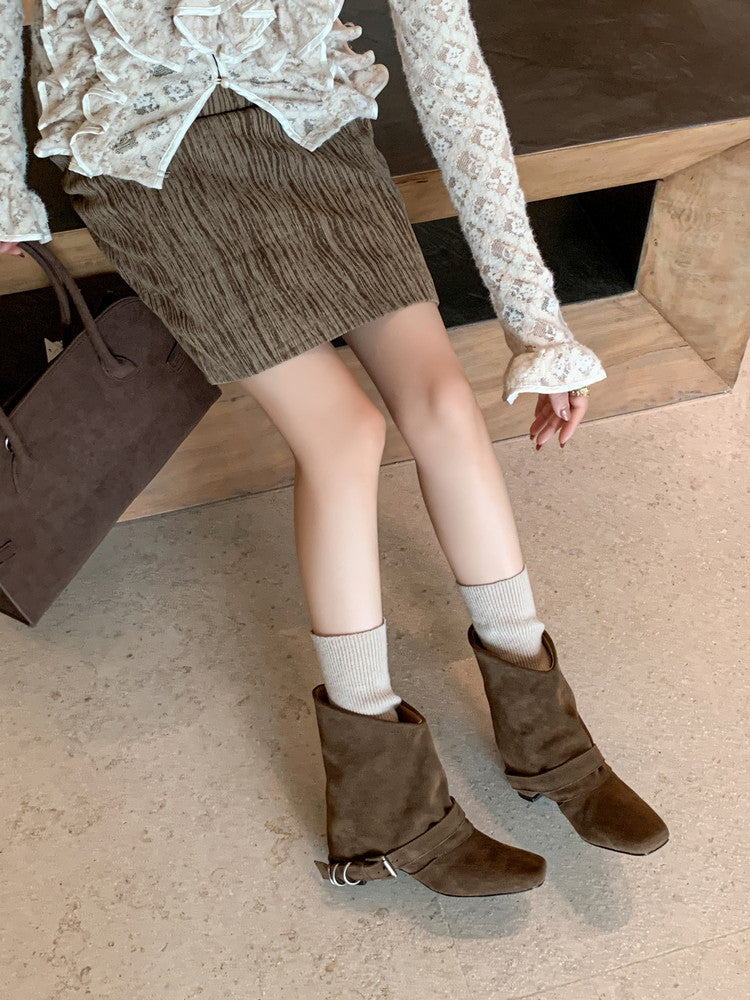 Karin Luna Data Hot Item Square Toe Hidden Wedge Belt Buckle Suede Ankle Boots