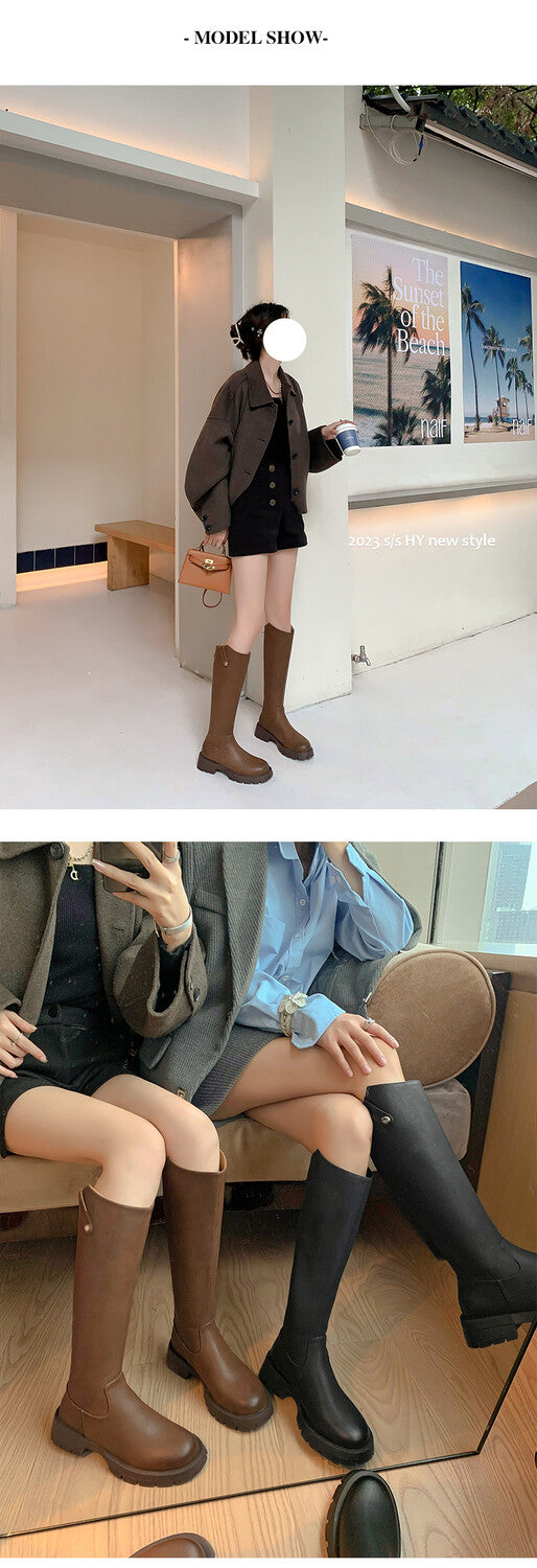 Karin Luna Hot-Selling In Stock   Basic Casual Hot-Selling Round-Toe Long Boots Full Cowhide Leather Long Boots Flat Bottom Hot Sale