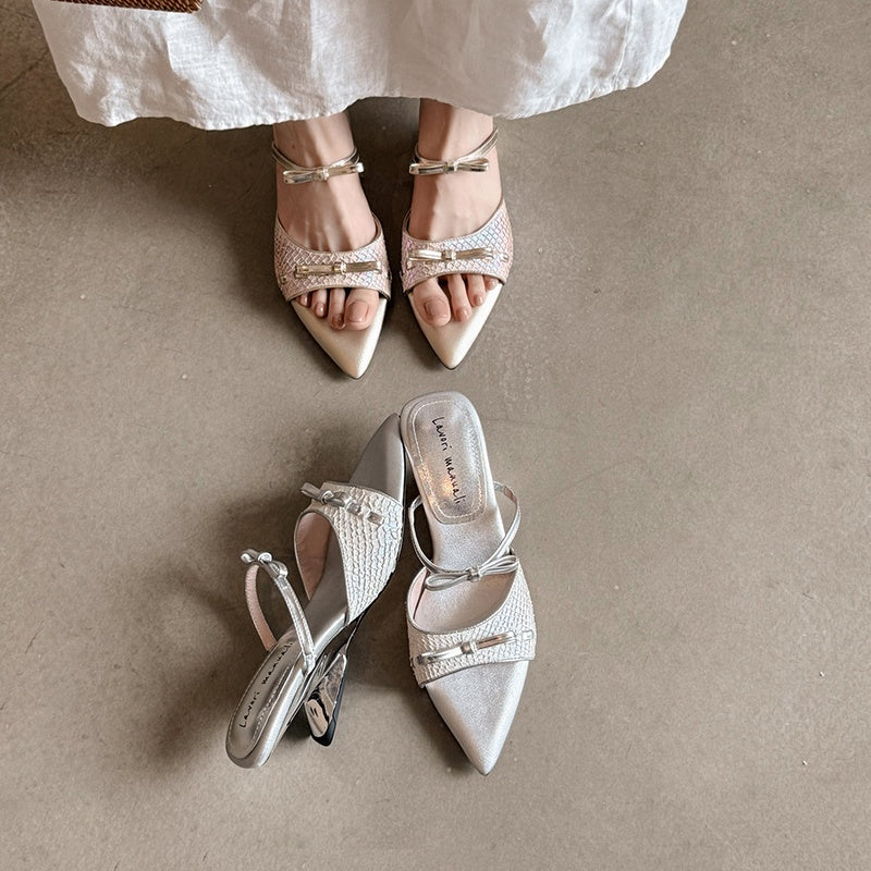 Karin Luna Fish Skin Series~Pointed Toe Irregular Heel Bowknot Strap Slippers