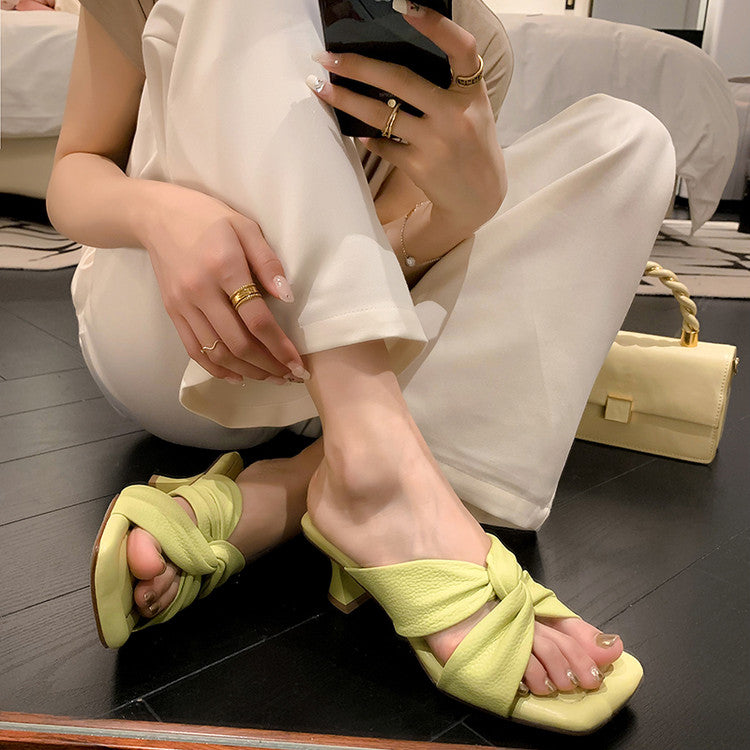 Karin Luna In Stock In Stock  Comfortable Cross Strap  Airy High Heel Square Toe Slippers