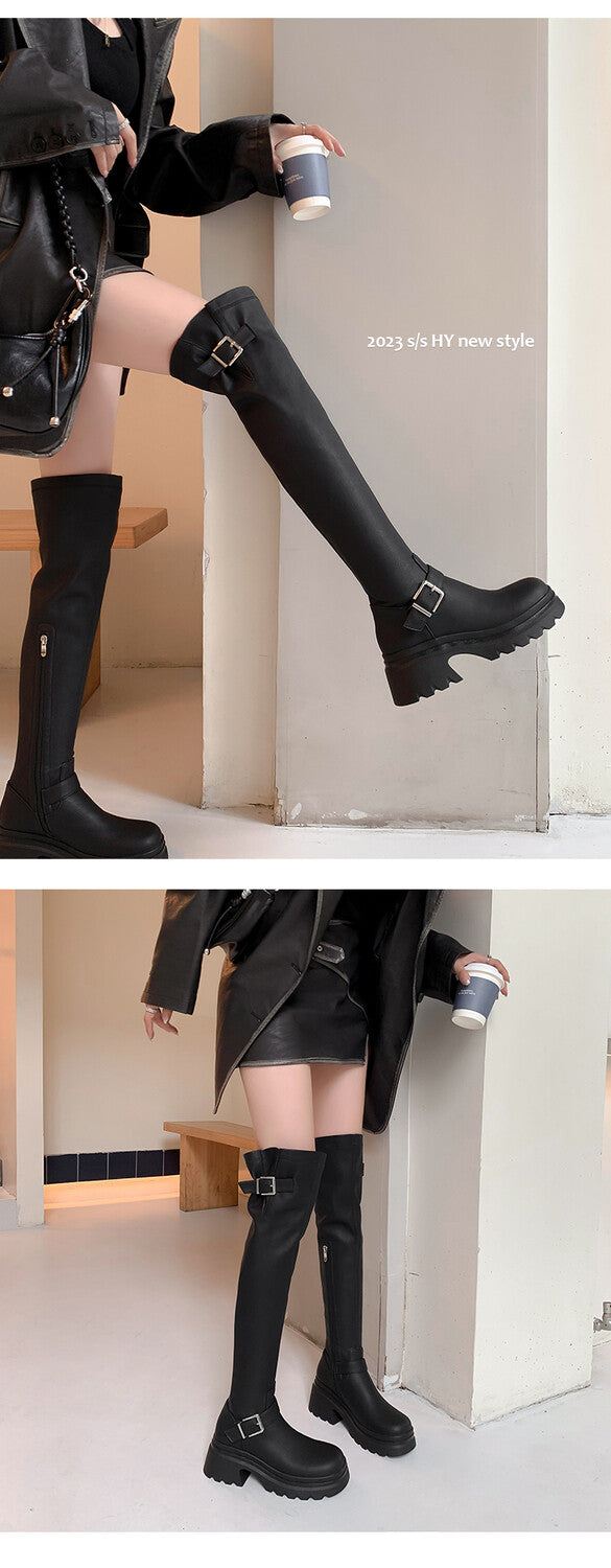Karin Luna In Stock   Thick Sole Round Toe Basic Versatile Casual Long Boots