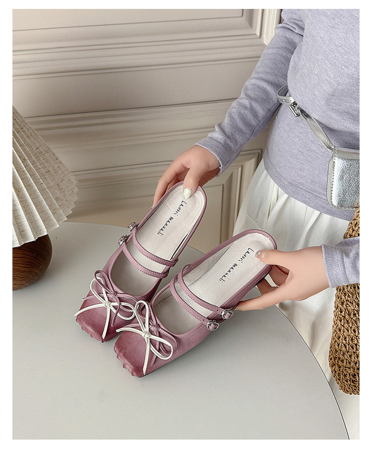 Karin Luna In Stock In Stock   Summer New Sweet Bowknot Color Block Square Toe Height-Increasing Slippers