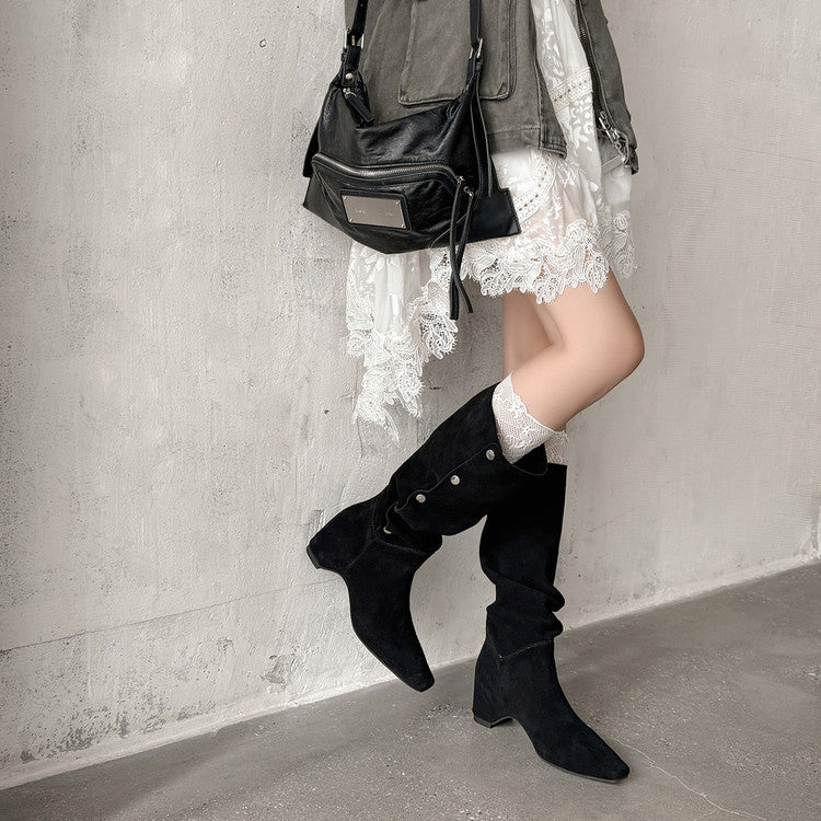 Karin Luna Bestseller Hot-Selling Hidden Buckle Lazy Style Square-Toe Height-Increasing Suede Western Boots