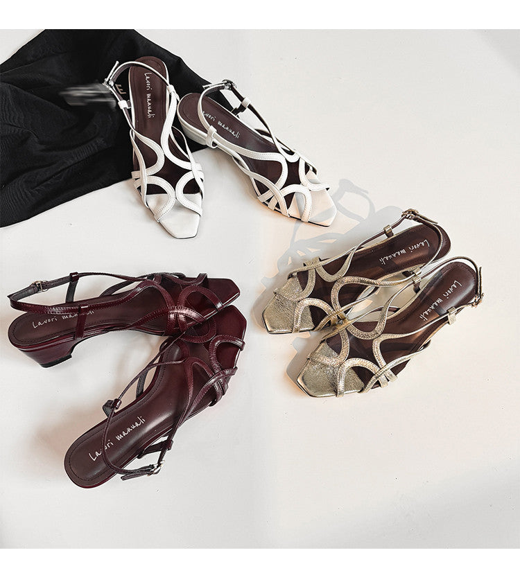Karin Luna French Hollow Style Small Square Toe Chunky Heel Sandals