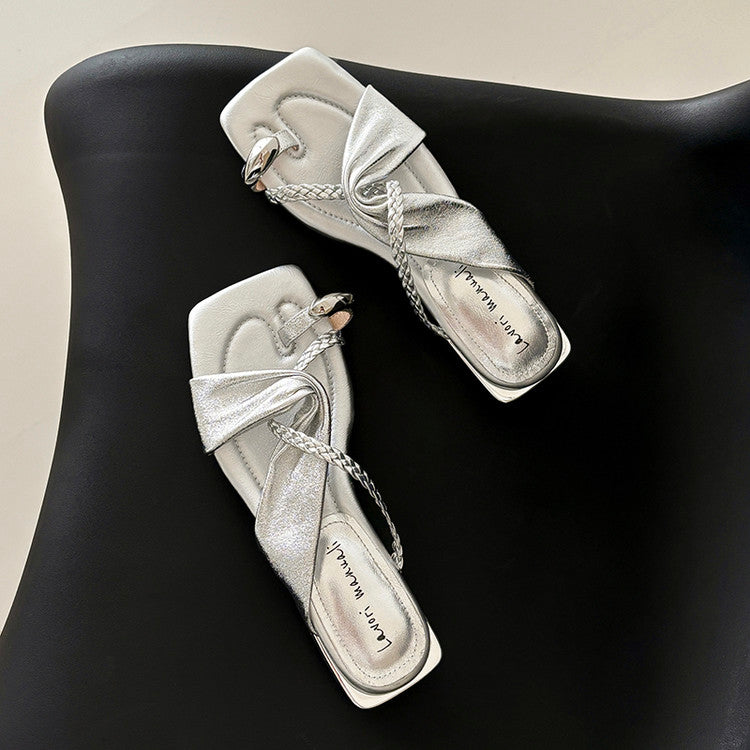 Karin Luna  Square Toe Braided Cross Thick Heel Flat Slippers