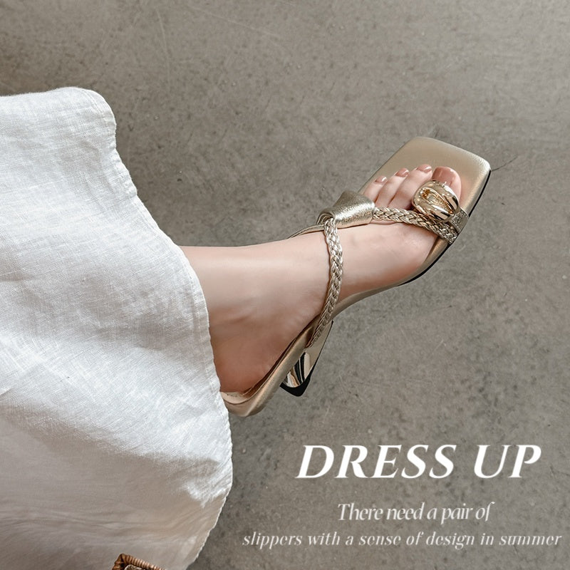 Karin Luna Braided Style ~Cross Strap Square Toe Irregular Heel Slippers