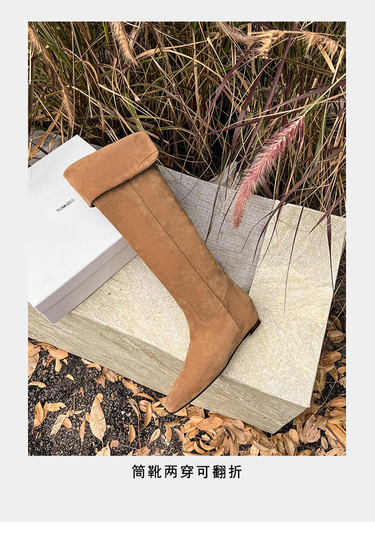 Karin Luna In Stock Spot Goods Vintage Cowhide Leather Two-Way Wear Pointed Toe Height-Increasing Long Boots