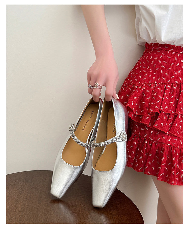 Karin Luna In Stock In Stock ~Metal One-Strap Pearl Small Square Toe Height-Increasing Flats