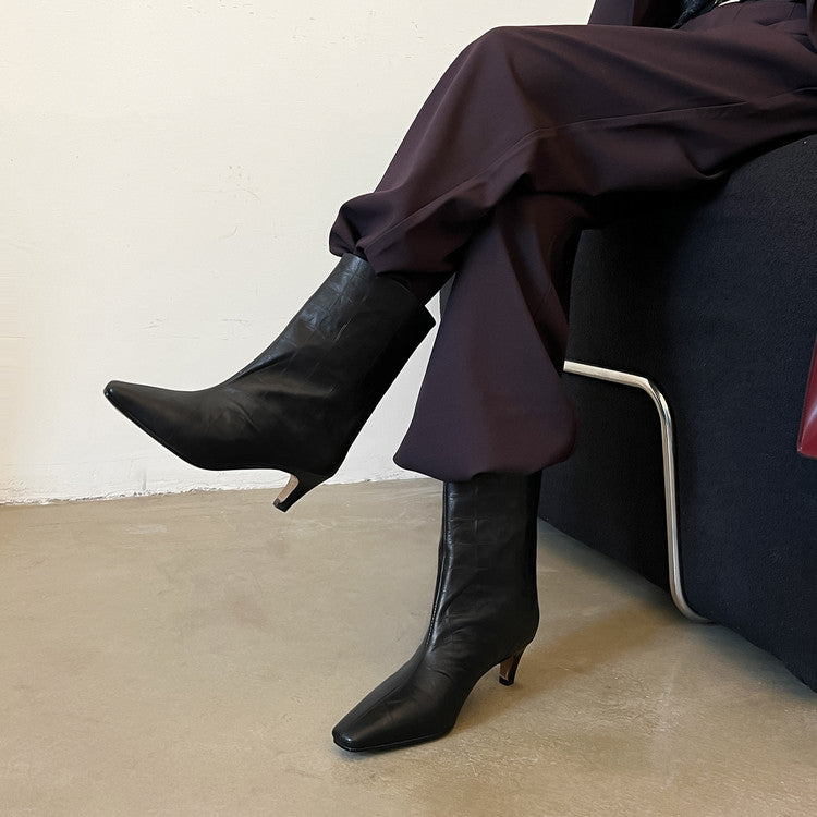 Karin Luna In Stock Spot Goods Top Layer Stone Pattern Cowhide Textured Small Square Toe Straight Short Boots
