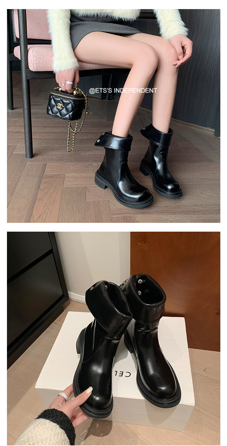 Karin Luna Classic Basic Style   Convertible Foldable Hidden Buckle Snow Fur Shoes Full cowhide Basic Flat Short Boots