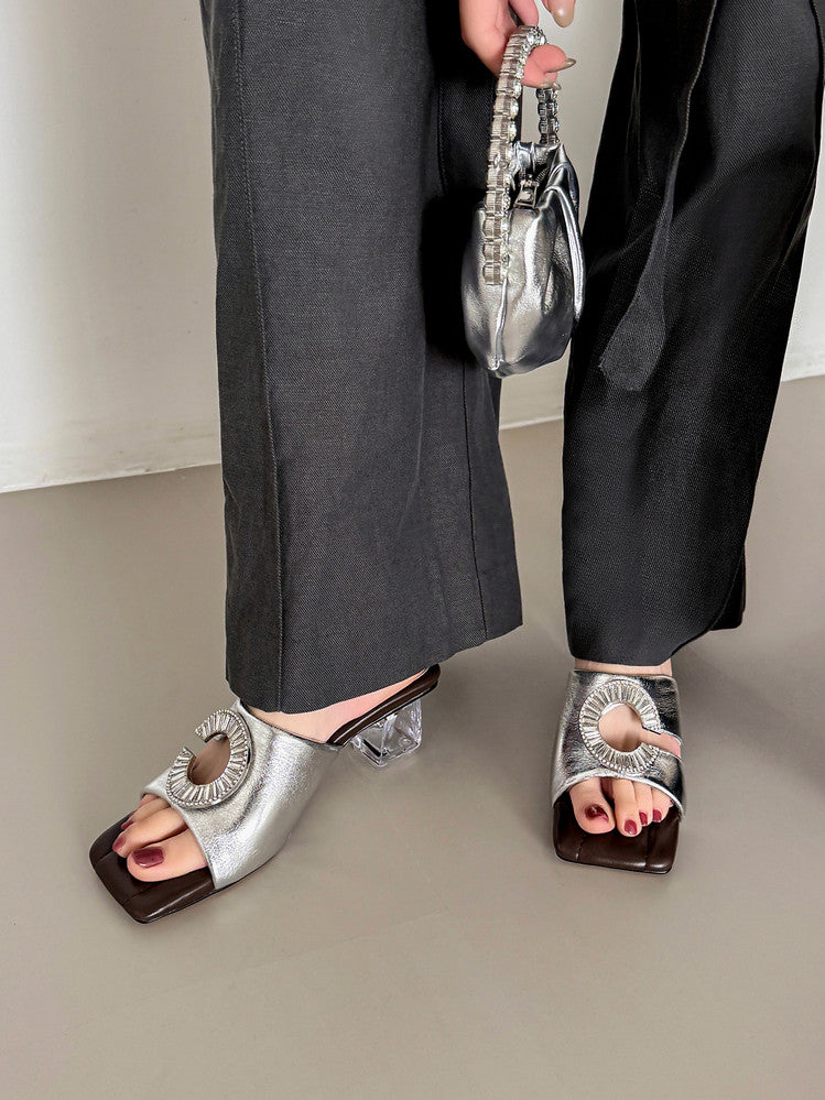 Karin Luna In Stock  Spot Goods  Large Rhinestone Square-Toed Crystal Heel Slippers