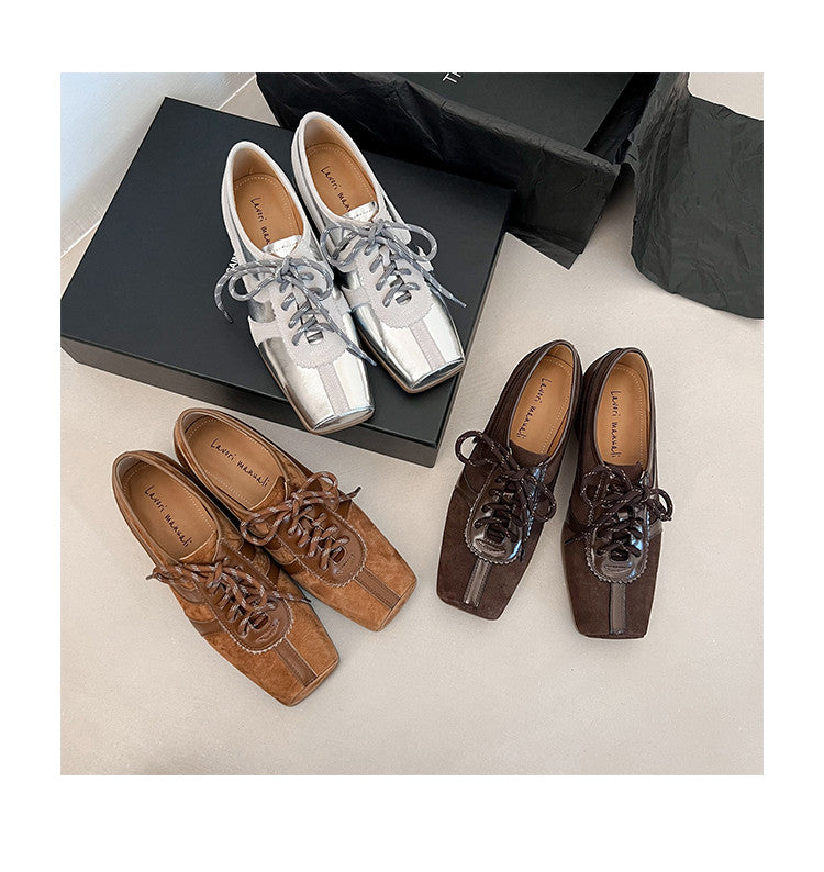 Karin Luna In Stock Spot Goods   Pig Nose Thin Strap Square Toe Patchwork Single Shoes