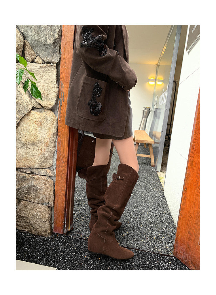 Karin Luna In Stock Spot Goods Vintage Cowhide Leather Two-Way Wear Pointed Toe Height-Increasing Long Boots