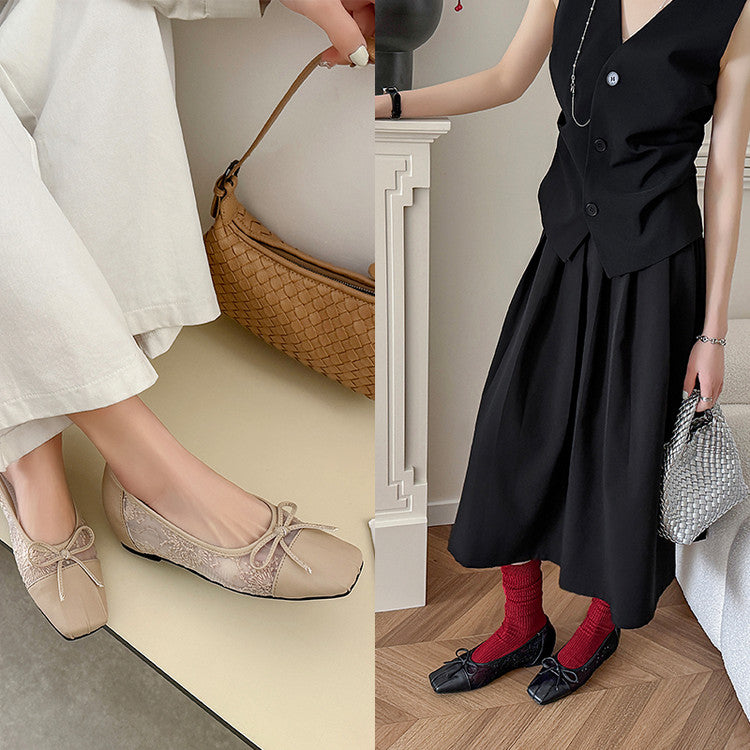 Karin Luna In Stock In Stock  Wrinkled Square Toe Patchwork Breathable Mesh Bow Granny Shoes