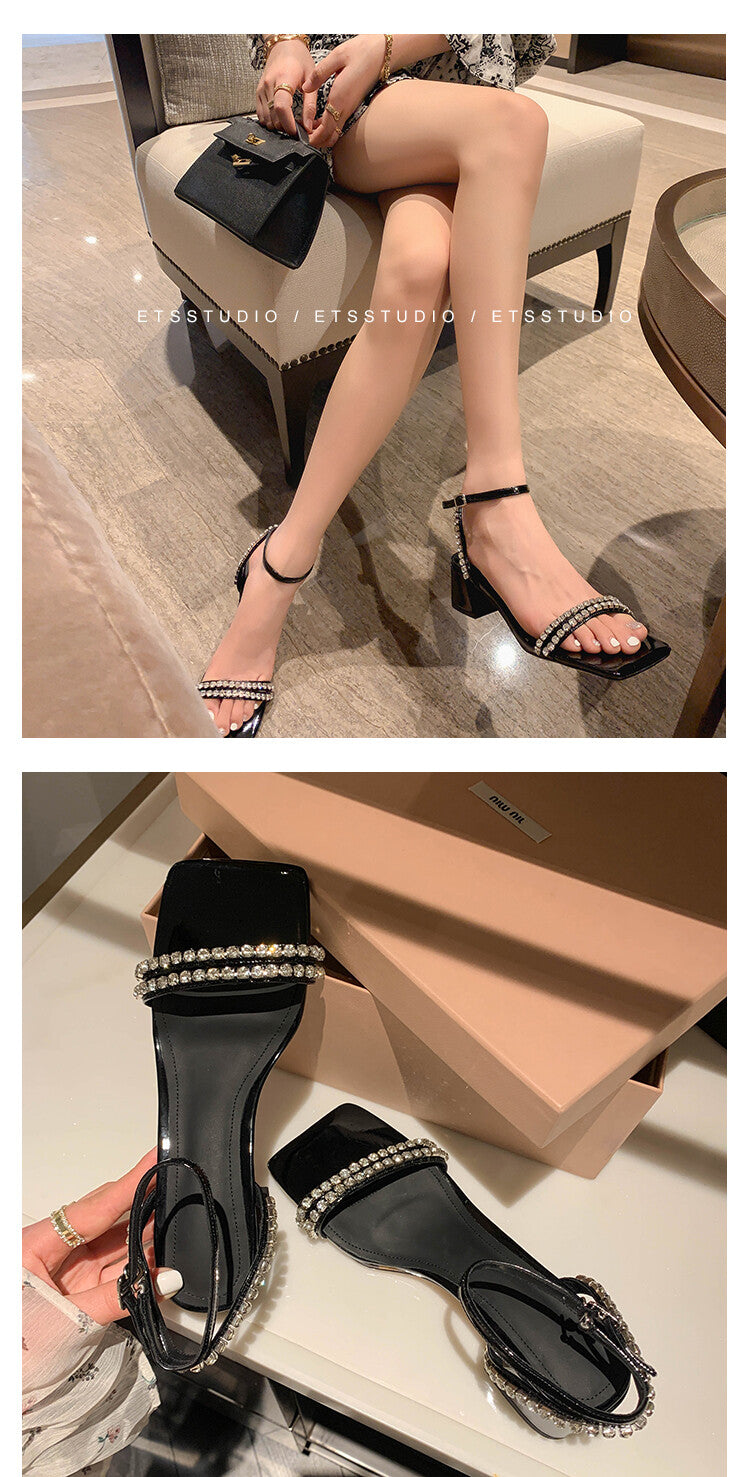 Karin Luna Classic Style   Rhinestone Strap Chunky Heel Open-Toe Sandals