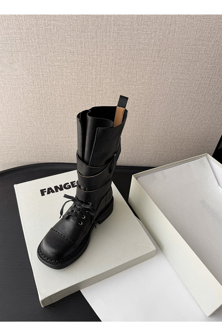 Karin Luna Bestseller Hot-Selling Large Tube Leather Belt Buckle Round Toe Thick-Soled Short Boots