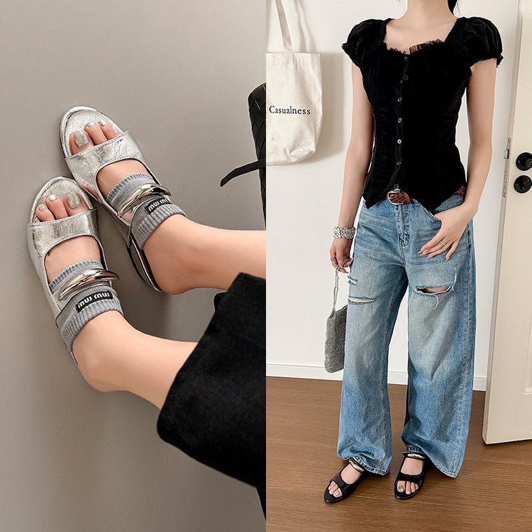 Karin Luna In Stock Spot Goods  Metal Buckle Round Toe Strap Slippers